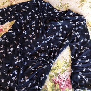 Navy Blue Dog Print Wrap Tie Blouse